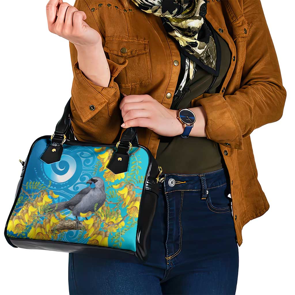 New Zealand Kokako Bird Shoulder Handbag Maori Koru With Kowhai Flowers LT05 - Polynesian Pride
