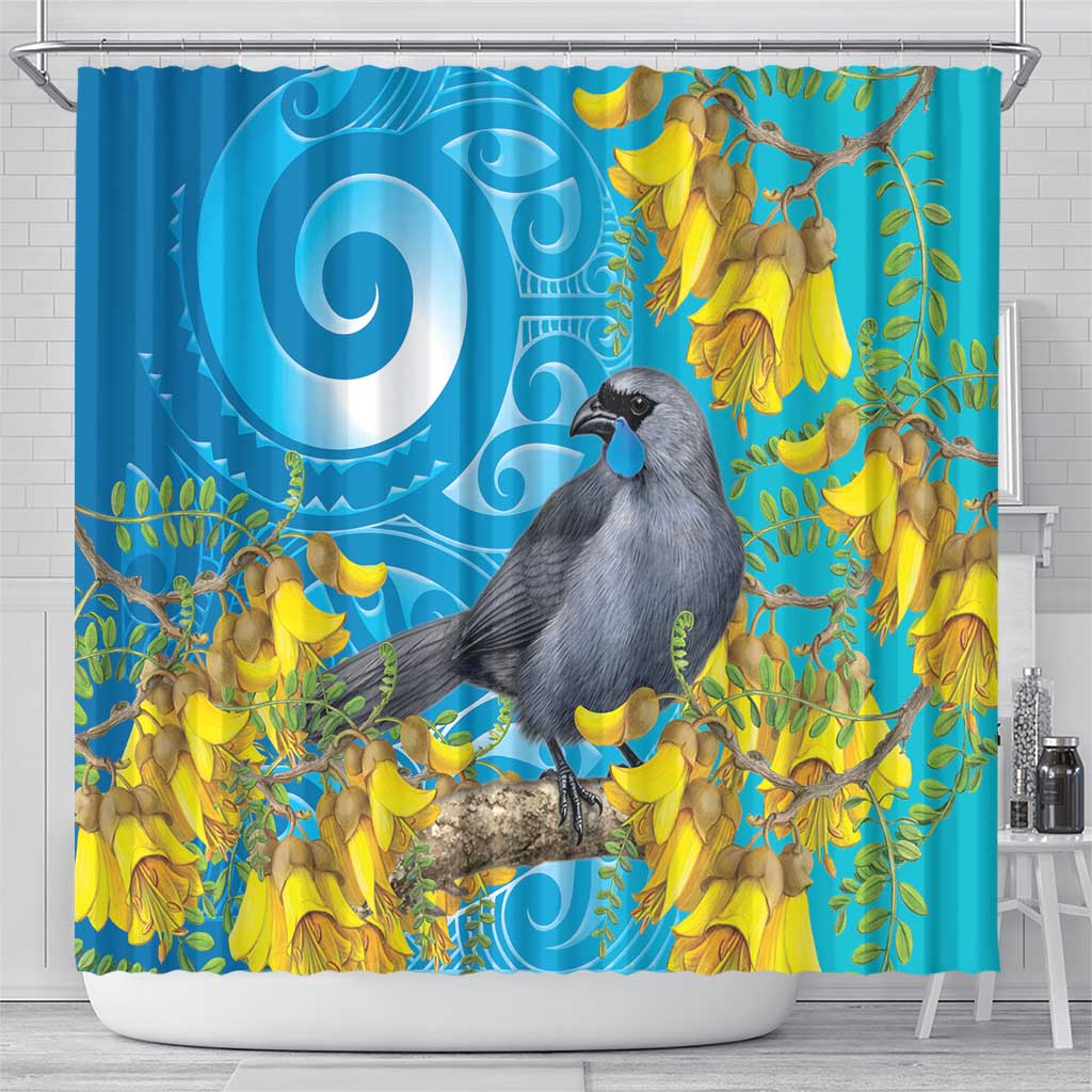 New Zealand Kokako Bird Shower Curtain Maori Koru With Kowhai Flowers LT05 - Polynesian Pride