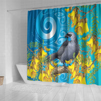 New Zealand Kokako Bird Shower Curtain Maori Koru With Kowhai Flowers LT05 - Polynesian Pride