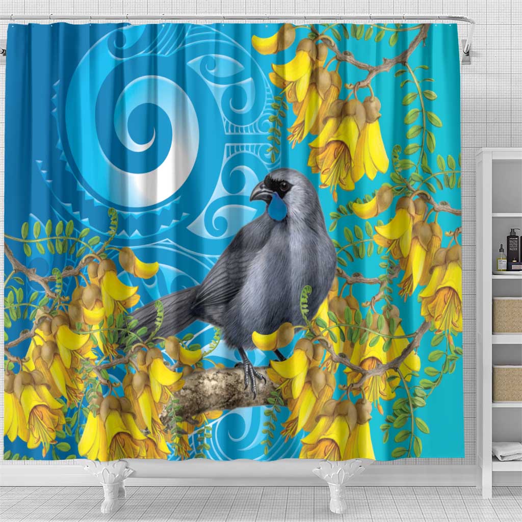 New Zealand Kokako Bird Shower Curtain Maori Koru With Kowhai Flowers LT05 - Polynesian Pride