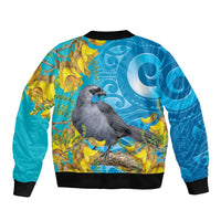 New Zealand Kokako Bird Sleeve Zip Bomber Jacket Maori Koru With Kowhai Flowers LT05 - Polynesian Pride