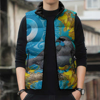 New Zealand Kokako Bird Sleeveless Puffer Jacket Maori Koru With Kowhai Flowers LT05 - Polynesian Pride