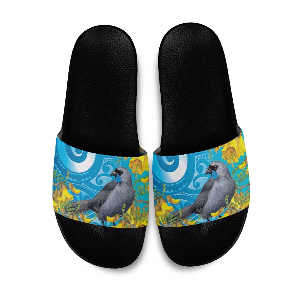 New Zealand Kokako Bird Slide Sandals Maori Koru With Kowhai Flowers LT05 Aqua - Polynesian Pride
