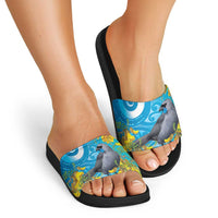 New Zealand Kokako Bird Slide Sandals Maori Koru With Kowhai Flowers LT05 - Polynesian Pride