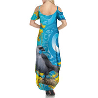 New Zealand Kokako Bird Summer Maxi Dress Maori Koru With Kowhai Flowers LT05 - Polynesian Pride