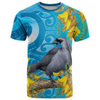 New Zealand Kokako Bird T Shirt Maori Koru With Kowhai Flowers LT05 Aqua - Polynesian Pride