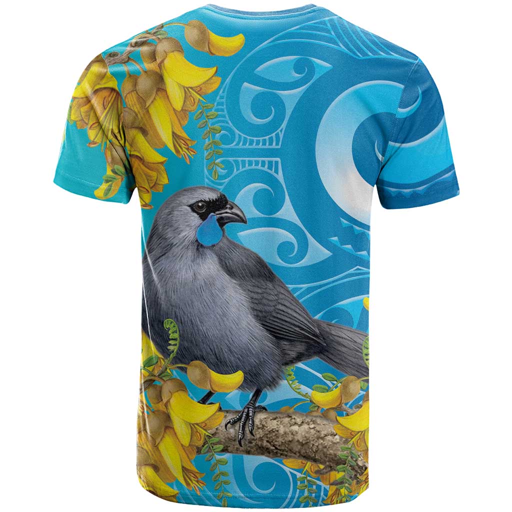 New Zealand Kokako Bird T Shirt Maori Koru With Kowhai Flowers LT05 - Polynesian Pride