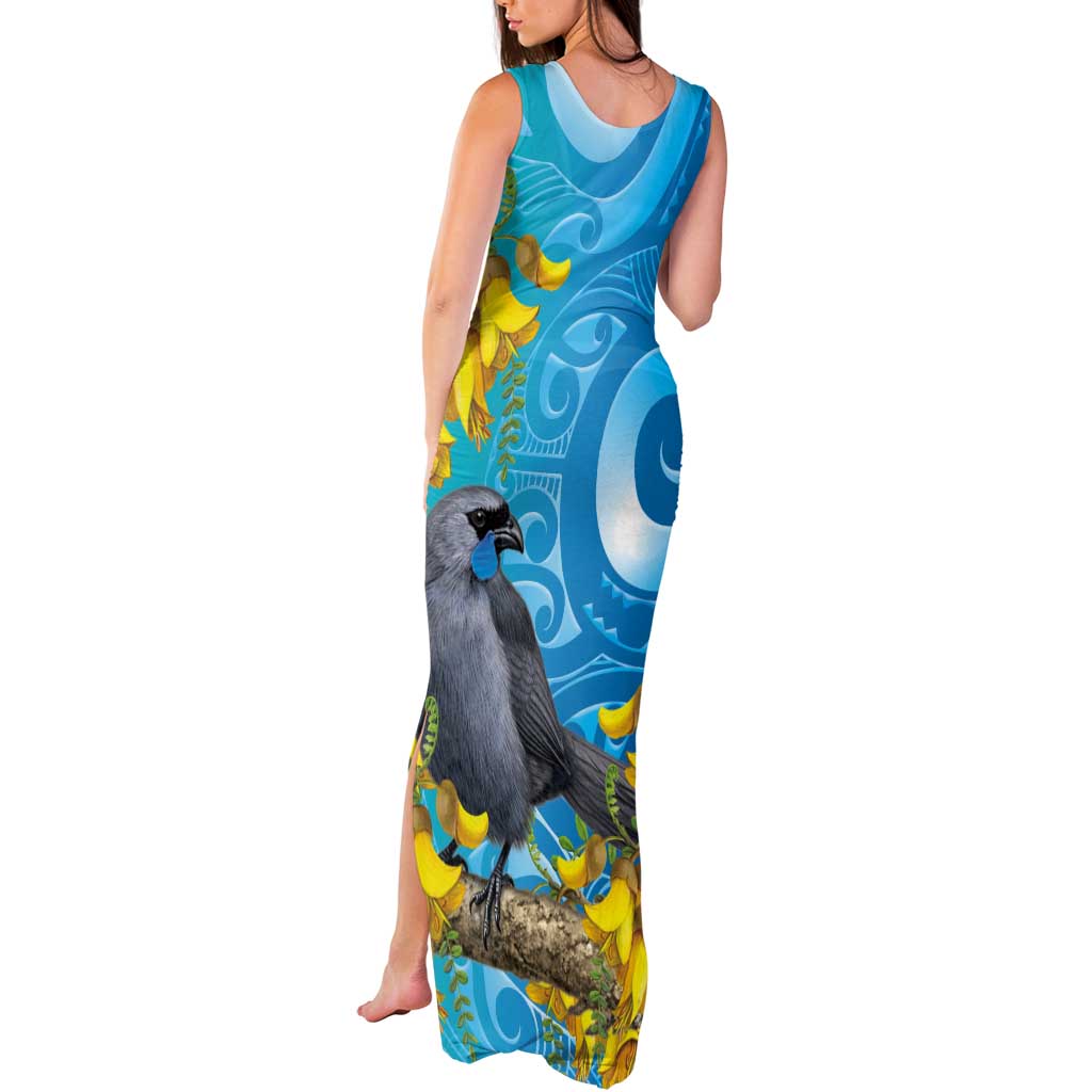 New Zealand Kokako Bird Tank Maxi Dress Maori Koru With Kowhai Flowers LT05 - Polynesian Pride