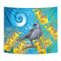 New Zealand Kokako Bird Tapestry Maori Koru With Kowhai Flowers - Polynesian Pride