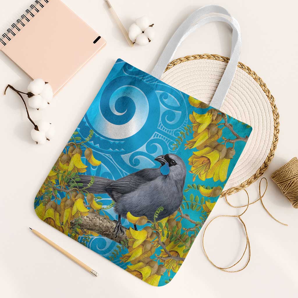New Zealand Kokako Bird Tote Bag Maori Koru With Kowhai Flowers LT05 White Strap One Size Aqua - Polynesian Pride