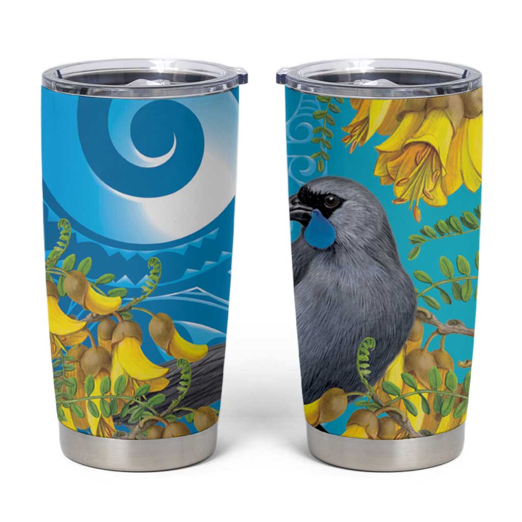 New Zealand Kokako Bird Tumbler Cup Maori Koru With Kowhai Flowers LT05 Aqua - Polynesian Pride