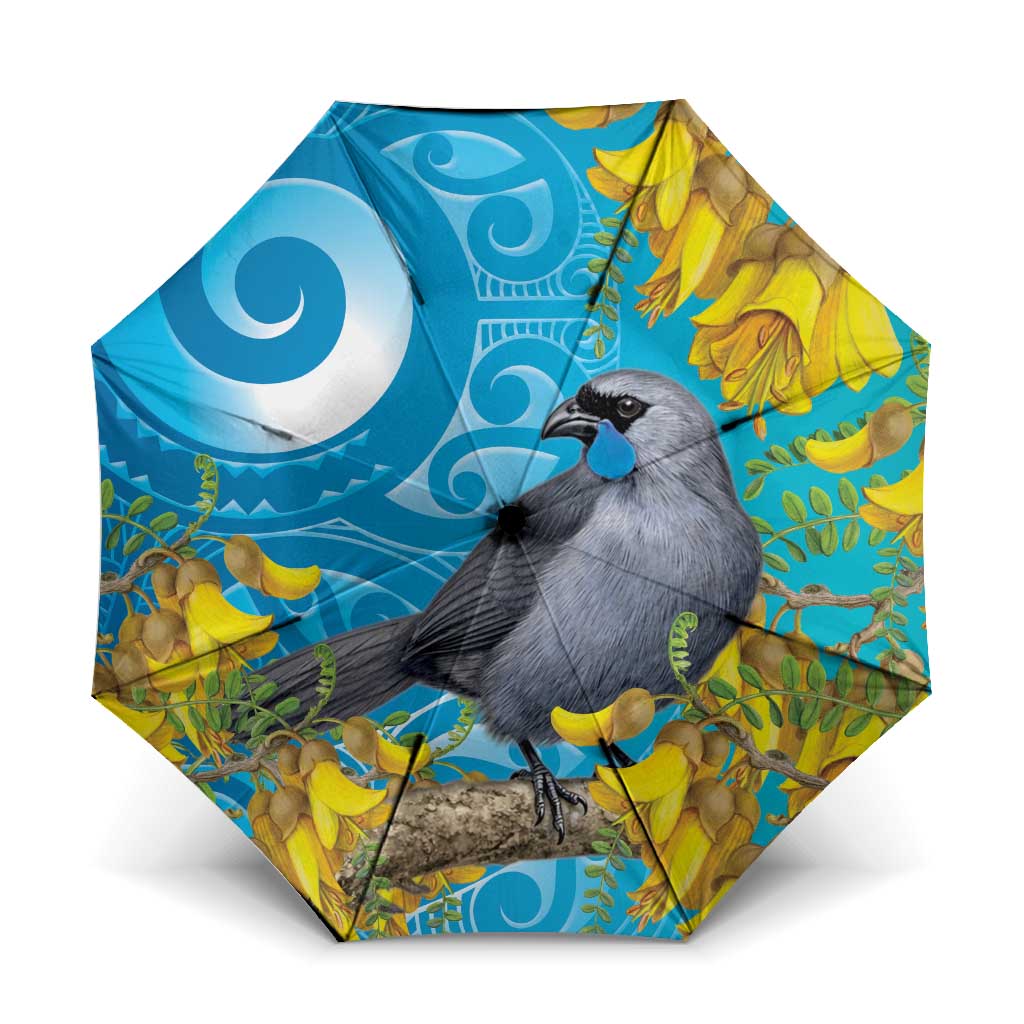 New Zealand Kokako Bird Umbrella Maori Koru With Kowhai Flowers LT05 One Size Folded 11.42 inch Opened Diameter 37.4 inch Aqua - Polynesian Pride