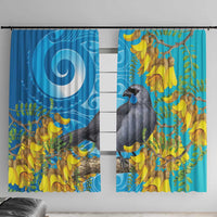New Zealand Kokako Bird Window Curtain Maori Koru With Kowhai Flowers LT05 With Hooks Aqua - Polynesian Pride