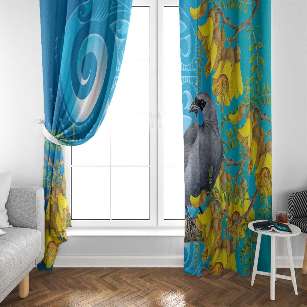 New Zealand Kokako Bird Window Curtain Maori Koru With Kowhai Flowers LT05 - Polynesian Pride