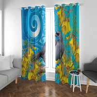 New Zealand Kokako Bird Window Curtain Maori Koru With Kowhai Flowers LT05 With Grommets Aqua - Polynesian Pride
