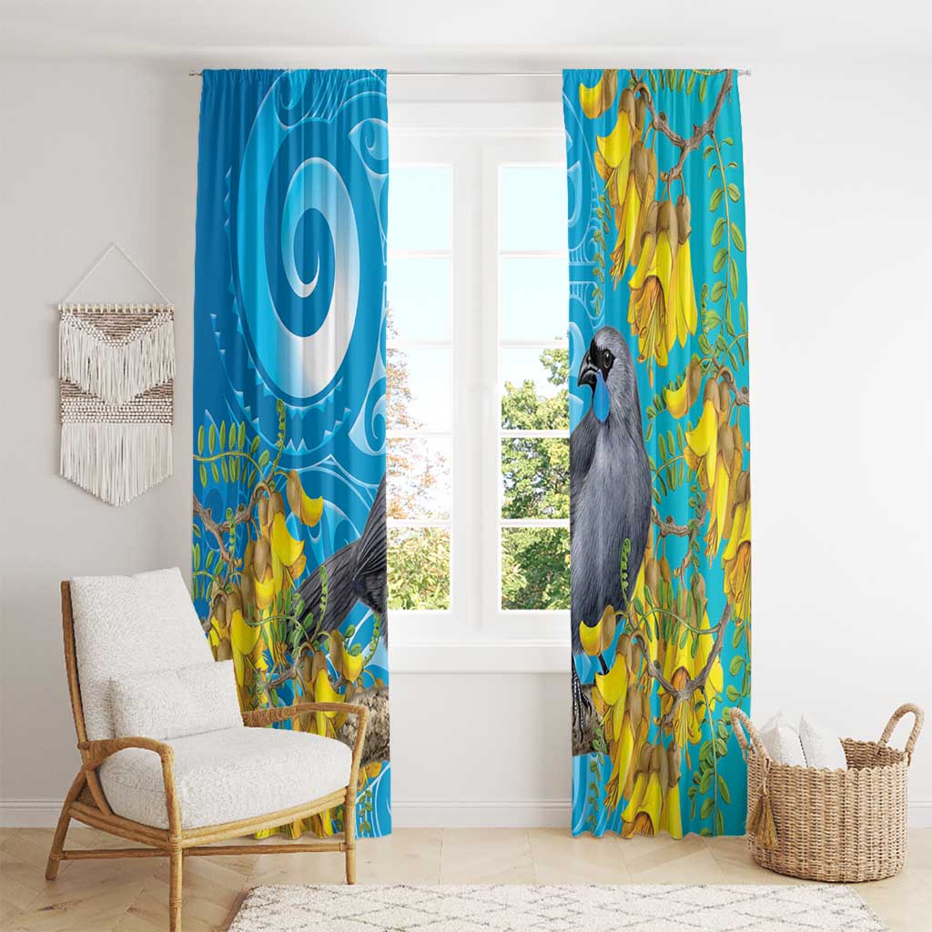New Zealand Kokako Bird Window Curtain Maori Koru With Kowhai Flowers LT05 - Polynesian Pride