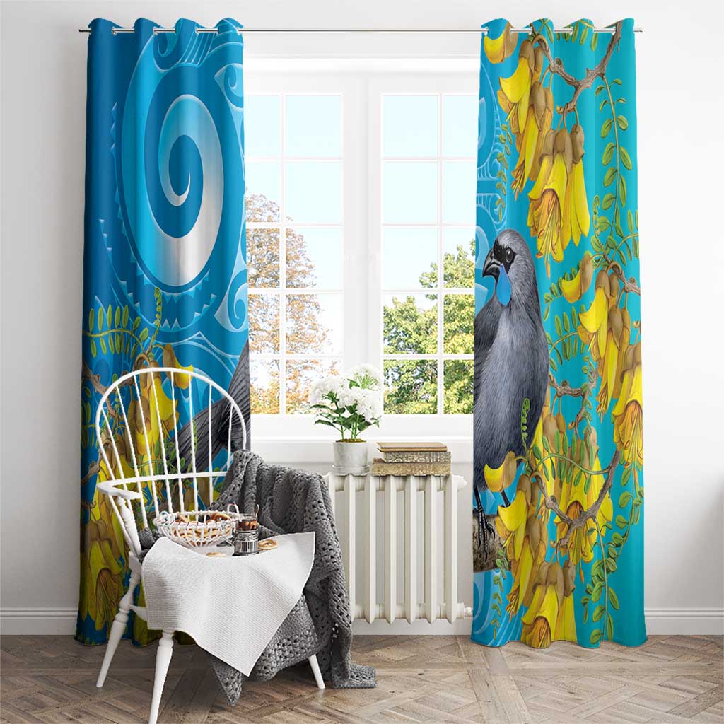 New Zealand Kokako Bird Window Curtain Maori Koru With Kowhai Flowers LT05 - Polynesian Pride