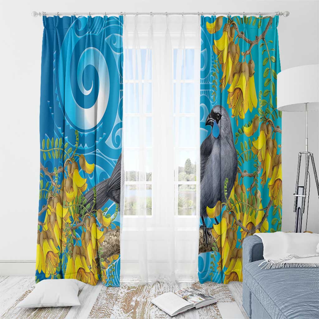 New Zealand Kokako Bird Window Curtain Maori Koru With Kowhai Flowers LT05 - Polynesian Pride