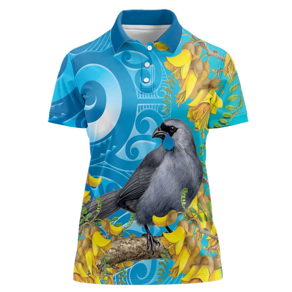 New Zealand Kokako Bird Women Polo Shirt Maori Koru With Kowhai Flowers LT05 Female Aqua - Polynesian Pride