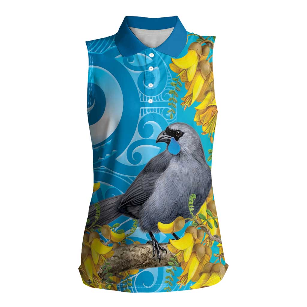New Zealand Kokako Bird Women Sleeveless Polo Shirt Maori Koru With Kowhai Flowers LT05 Female Aqua - Polynesian Pride