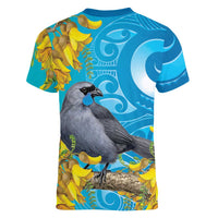 New Zealand Kokako Bird Women V-Neck T-Shirt Maori Koru With Kowhai Flowers LT05 - Polynesian Pride