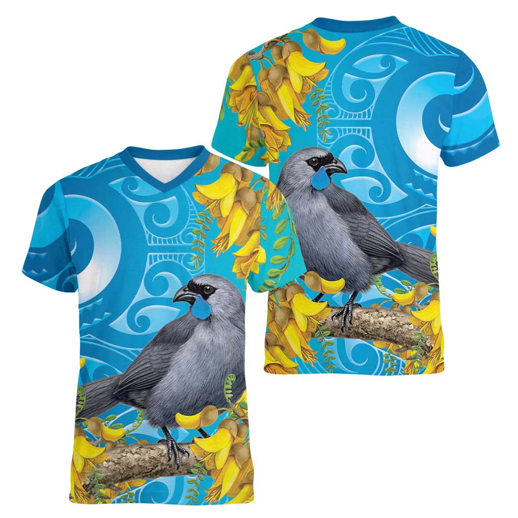 New Zealand Kokako Bird Women V-Neck T-Shirt Maori Koru With Kowhai Flowers LT05 - Polynesian Pride