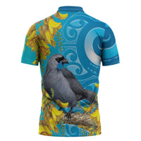 New Zealand Kokako Bird Zipper Polo Shirt Maori Koru With Kowhai Flowers LT05 - Polynesian Pride