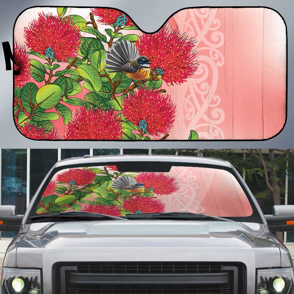 New Zealand Fantail Auto Sun Shade Maori Koru With Pohutukawa Flowers LT05 Red - Polynesian Pride