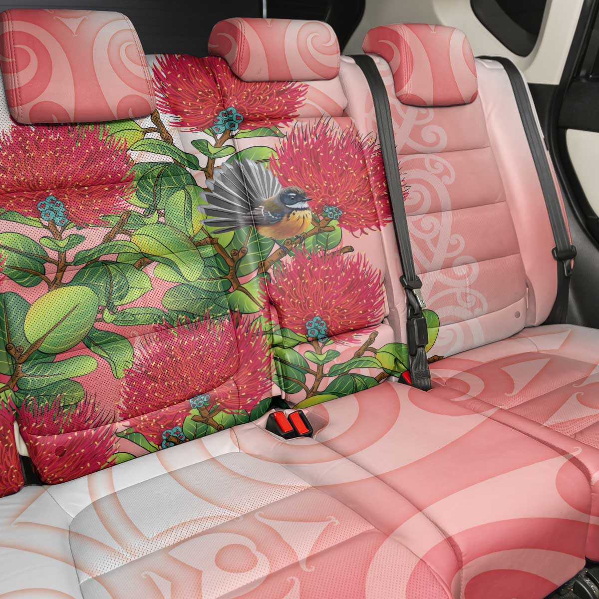 New Zealand Fantail Back Car Seat Cover Maori Koru With Pohutukawa Flowers LT05 - Polynesian Pride