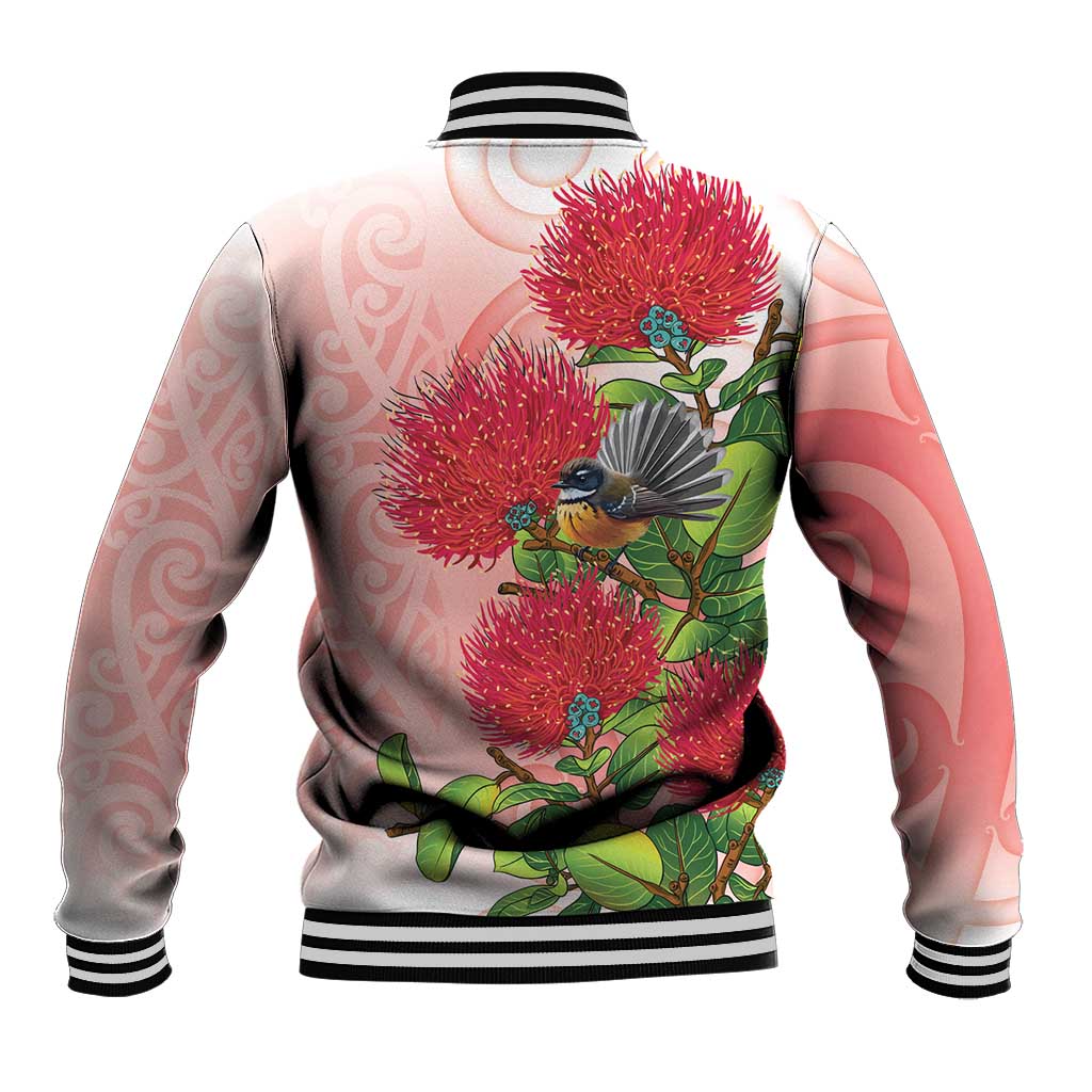 New Zealand Fantail Baseball Jacket Maori Koru With Pohutukawa Flowers LT05 - Polynesian Pride