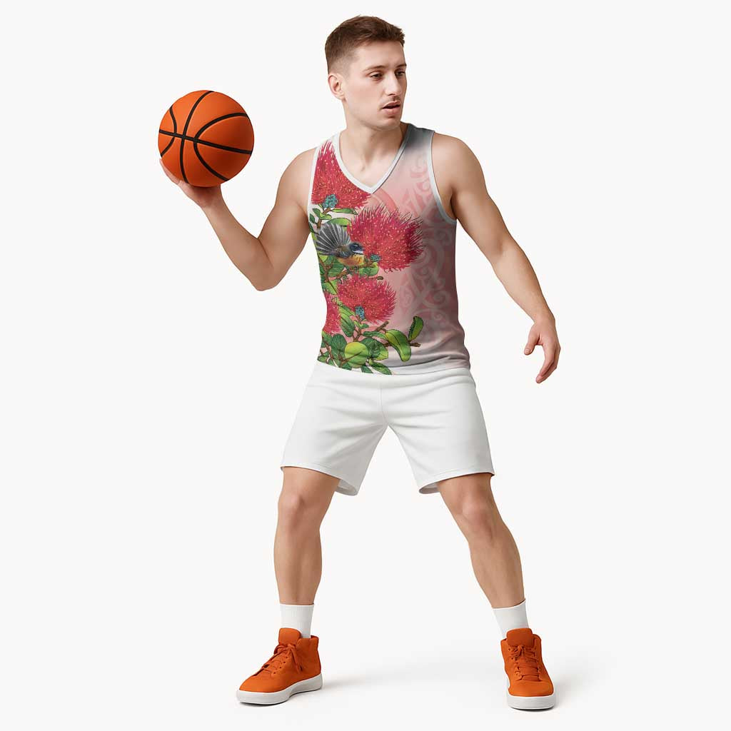 New Zealand Fantail Basketball Jersey Maori Koru With Pohutukawa Flowers LT05 - Polynesian Pride