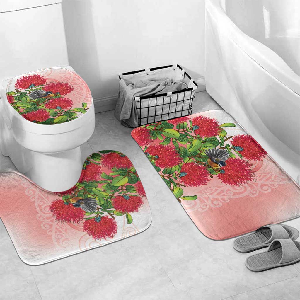 New Zealand Fantail Bathroom Set Maori Koru With Pohutukawa Flowers LT05 Mat Set Only (3 pcs) One Size Red - Polynesian Pride