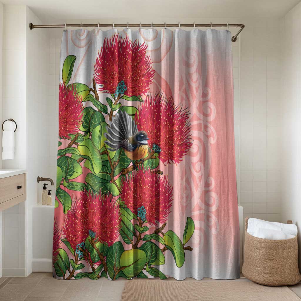 New Zealand Fantail Bathroom Set Maori Koru With Pohutukawa Flowers LT05 Shower Curtain Only Red - Polynesian Pride