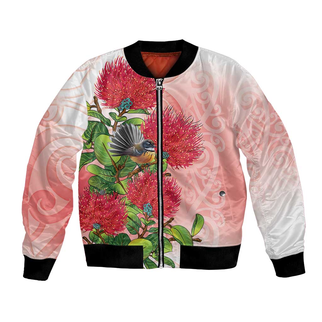 New Zealand Fantail Bomber Jacket Maori Koru With Pohutukawa Flowers - Polynesian Pride