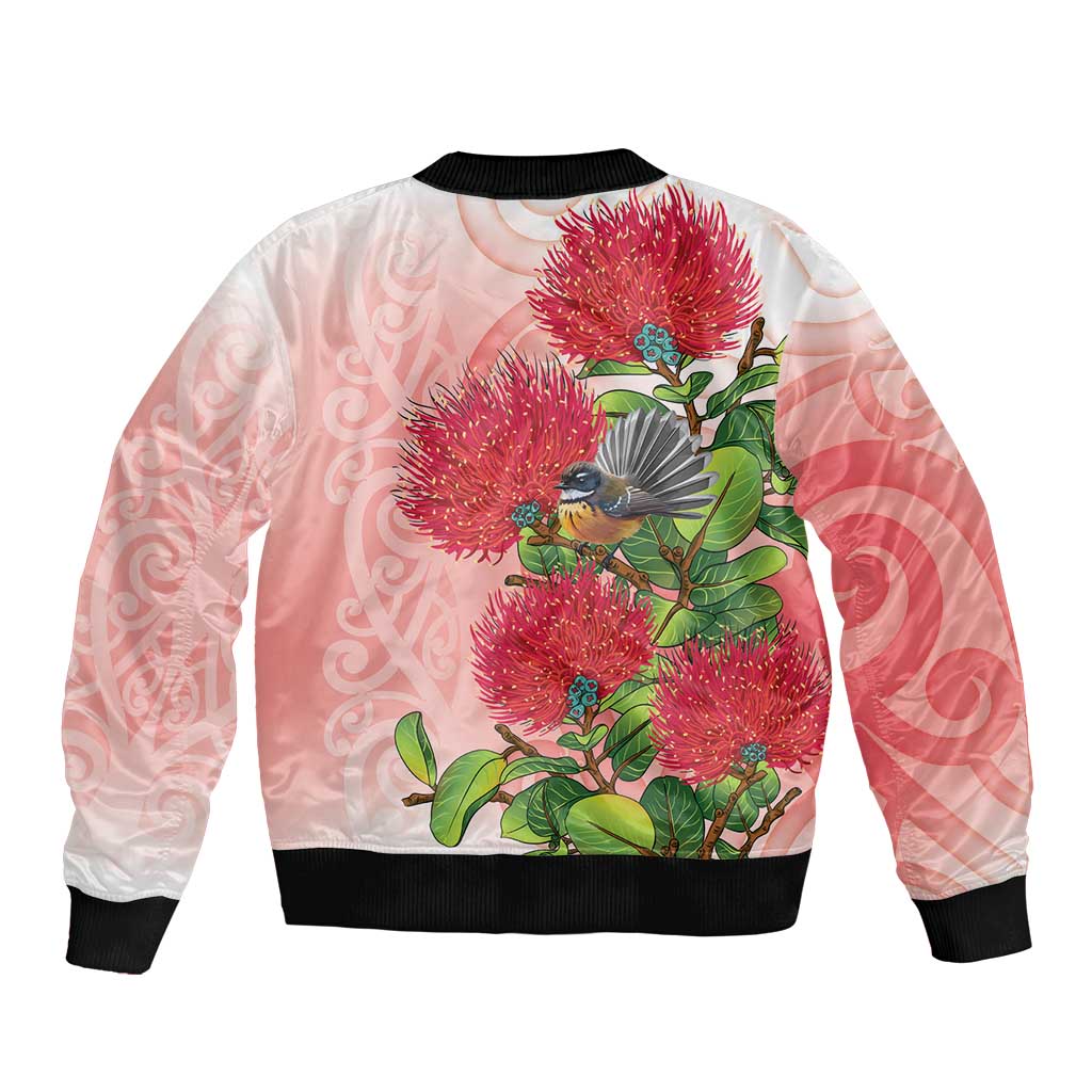 New Zealand Fantail Bomber Jacket Maori Koru With Pohutukawa Flowers LT05 - Polynesian Pride