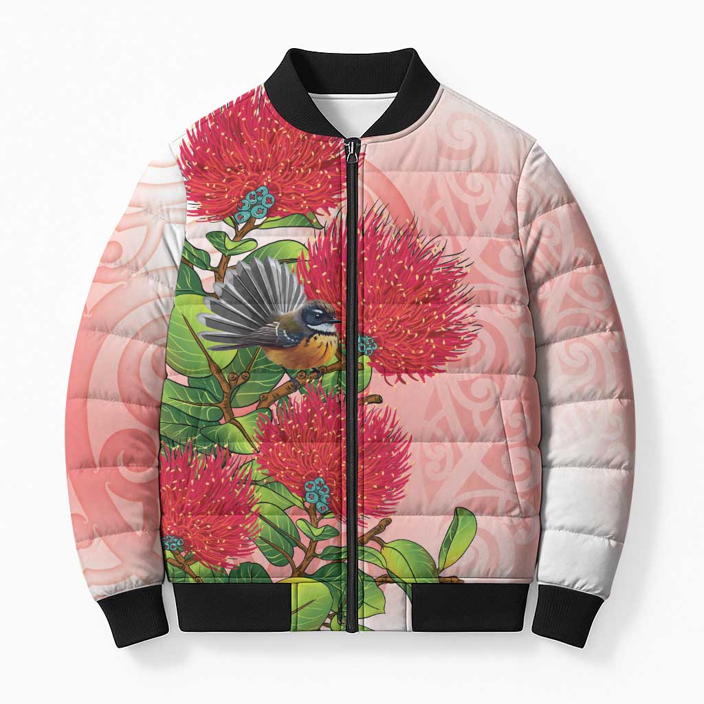 New Zealand Fantail Bomber Puffer Jacket Maori Koru With Pohutukawa Flowers LT05 Unisex Red - Polynesian Pride