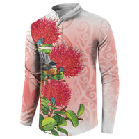 New Zealand Fantail Button Sweatshirt Maori Koru With Pohutukawa Flowers - Polynesian Pride