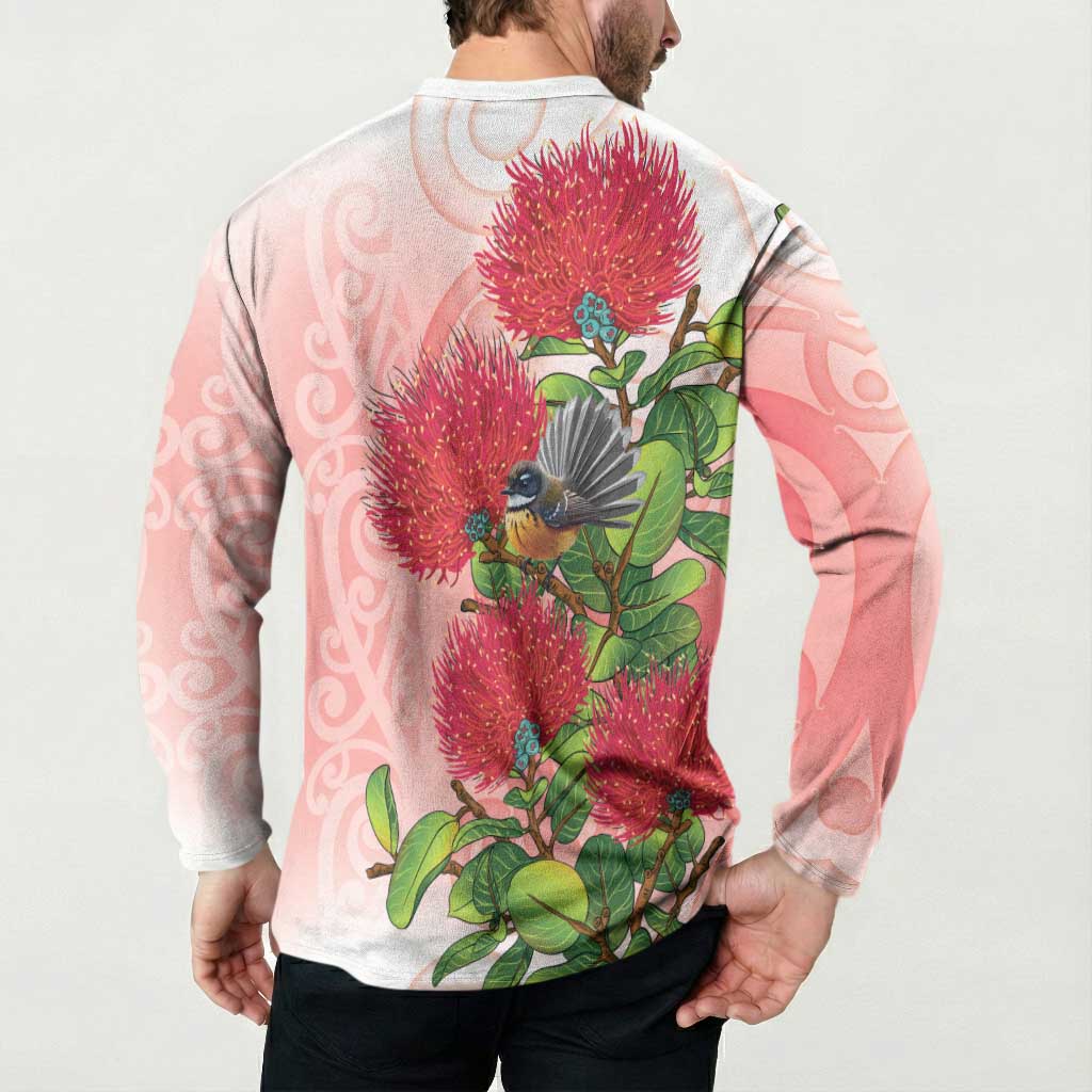 New Zealand Fantail Button Sweatshirt Maori Koru With Pohutukawa Flowers - Polynesian Pride
