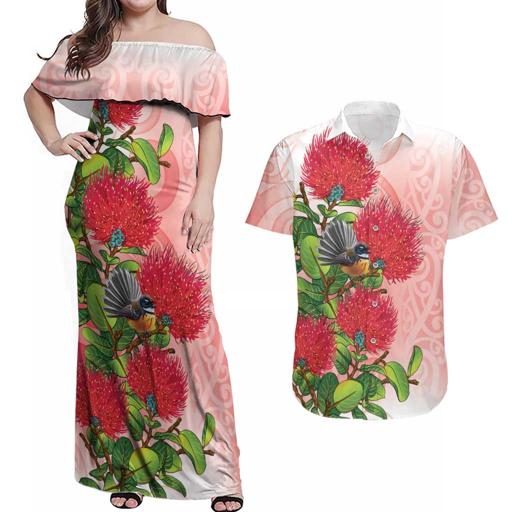 New Zealand Fantail Couples Matching Off Shoulder Maxi Dress and Hawaiian Shirt Maori Koru With Pohutukawa Flowers LT05 Red - Polynesian Pride