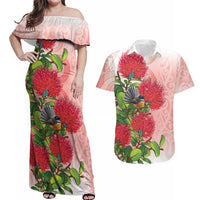 New Zealand Fantail Couples Matching Off Shoulder Maxi Dress and Hawaiian Shirt Maori Koru With Pohutukawa Flowers LT05 Red - Polynesian Pride