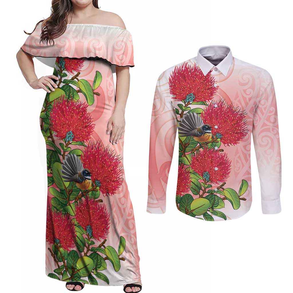 New Zealand Fantail Couples Matching Off Shoulder Maxi Dress and Long Sleeve Button Shirt Maori Koru With Pohutukawa Flowers LT05 Red - Polynesian Pride