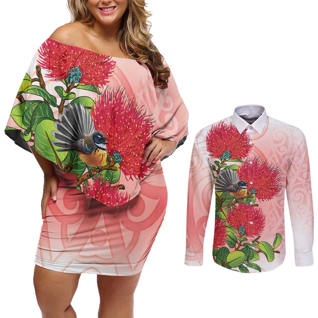 New Zealand Fantail Couples Matching Off Shoulder Short Dress and Long Sleeve Button Shirt Maori Koru With Pohutukawa Flowers LT05 Red - Polynesian Pride