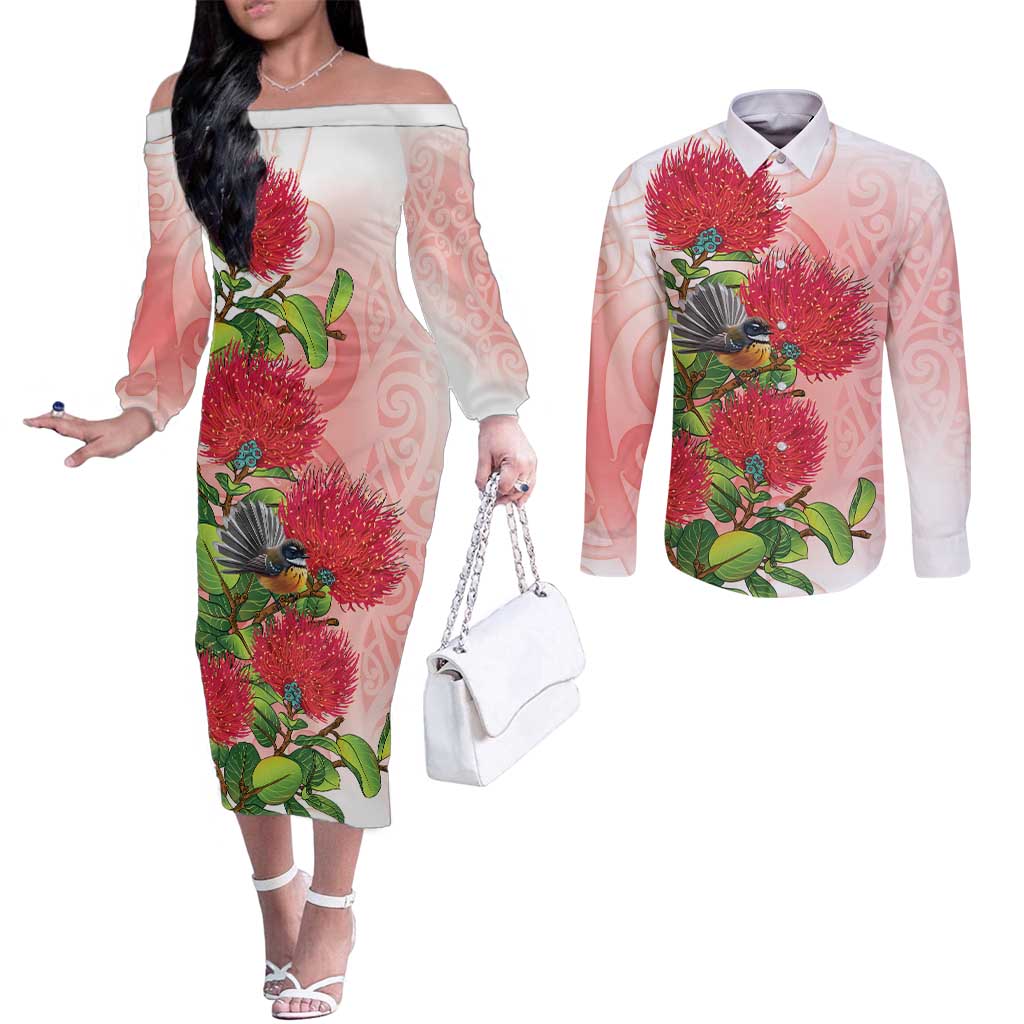 New Zealand Fantail Couples Matching Off The Shoulder Long Sleeve Dress and Long Sleeve Button Shirt Maori Koru With Pohutukawa Flowers LT05 Red - Polynesian Pride