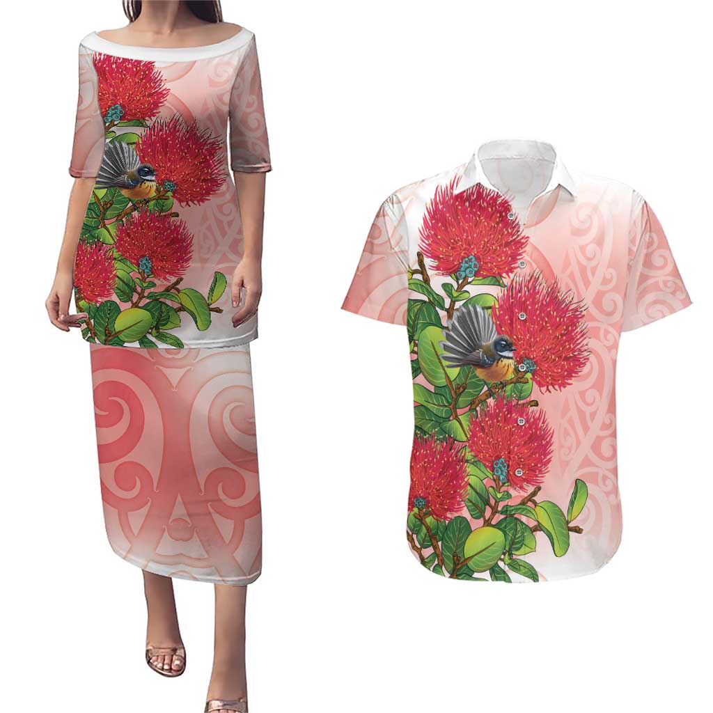 New Zealand Fantail Couples Matching Puletasi and Hawaiian Shirt Maori Koru With Pohutukawa Flowers LT05 Red - Polynesian Pride