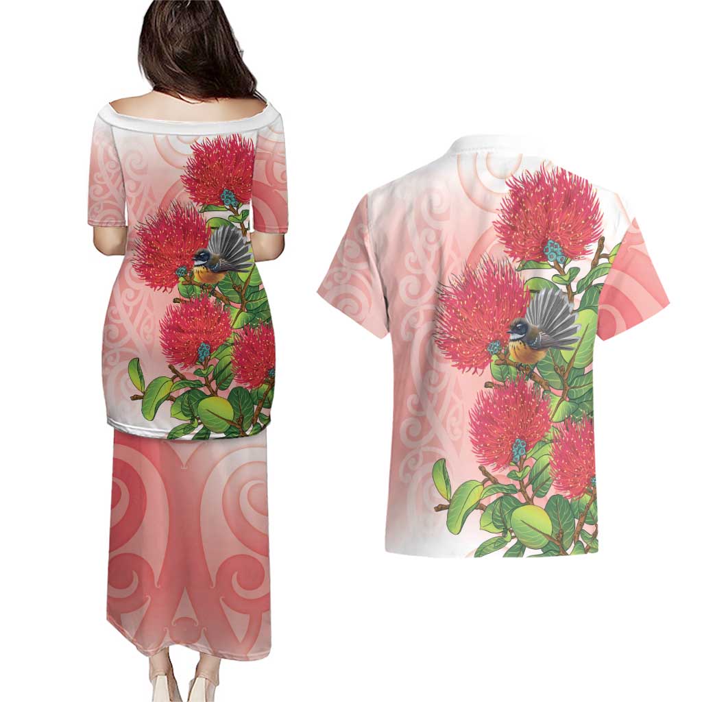 New Zealand Fantail Couples Matching Puletasi and Hawaiian Shirt Maori Koru With Pohutukawa Flowers LT05 - Polynesian Pride