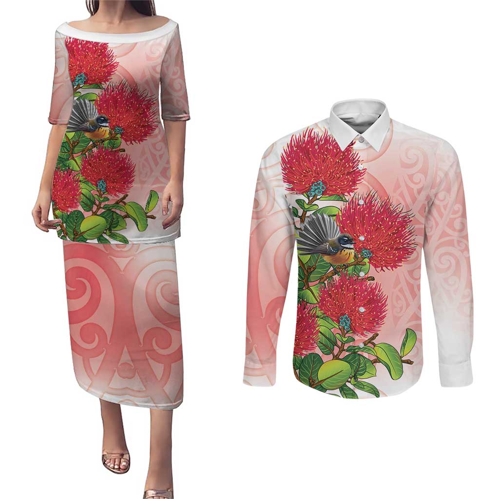New Zealand Fantail Couples Matching Puletasi and Long Sleeve Button Shirt Maori Koru With Pohutukawa Flowers LT05 Red - Polynesian Pride