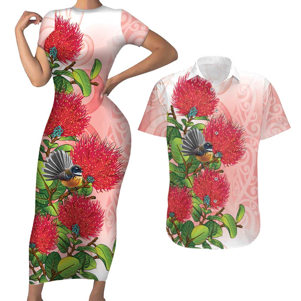 New Zealand Fantail Couples Matching Short Sleeve Bodycon Dress and Hawaiian Shirt Maori Koru With Pohutukawa Flowers LT05 Red - Polynesian Pride