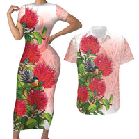 New Zealand Fantail Couples Matching Short Sleeve Bodycon Dress and Hawaiian Shirt Maori Koru With Pohutukawa Flowers LT05 Red - Polynesian Pride