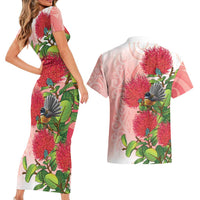 New Zealand Fantail Couples Matching Short Sleeve Bodycon Dress and Hawaiian Shirt Maori Koru With Pohutukawa Flowers LT05 - Polynesian Pride