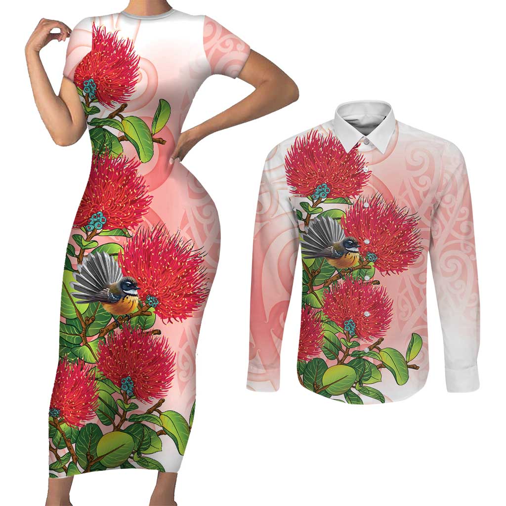 New Zealand Fantail Couples Matching Short Sleeve Bodycon Dress and Long Sleeve Button Shirt Maori Koru With Pohutukawa Flowers LT05 Red - Polynesian Pride